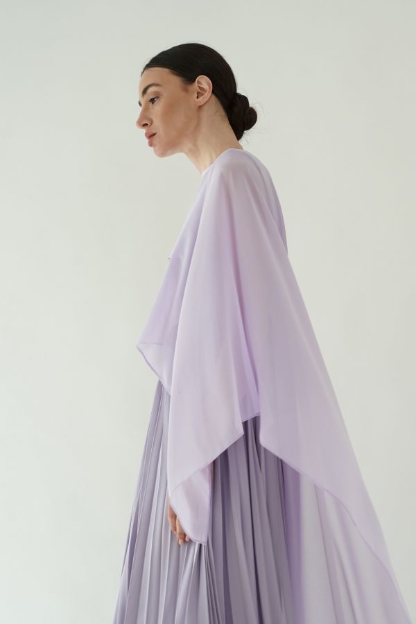 Lavender pleated dress with cape layer