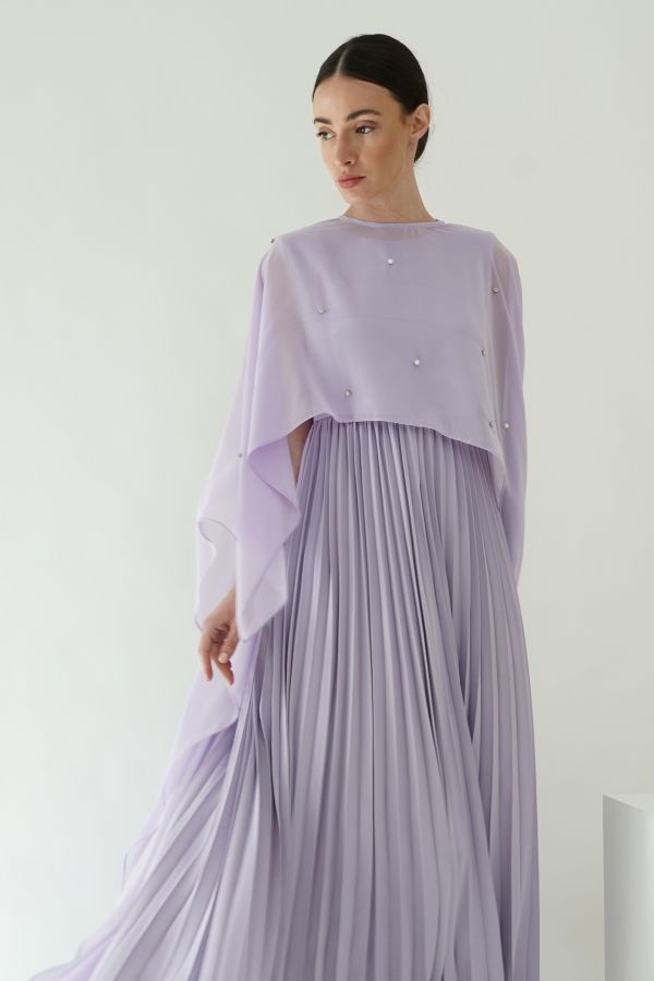 Lavender pleated dress with cape layer