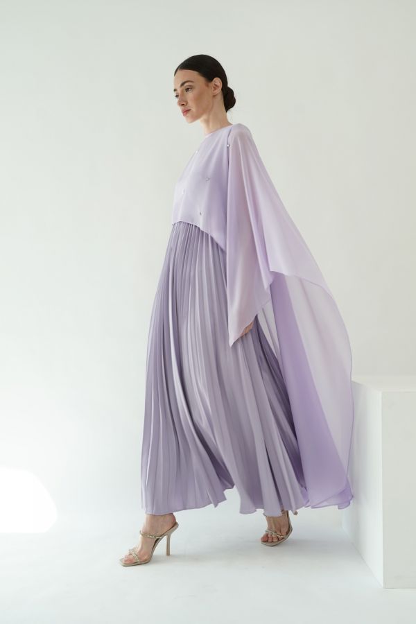 Lavender pleated dress with cape layer