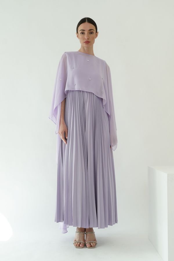 Lavender pleated dress with cape layer