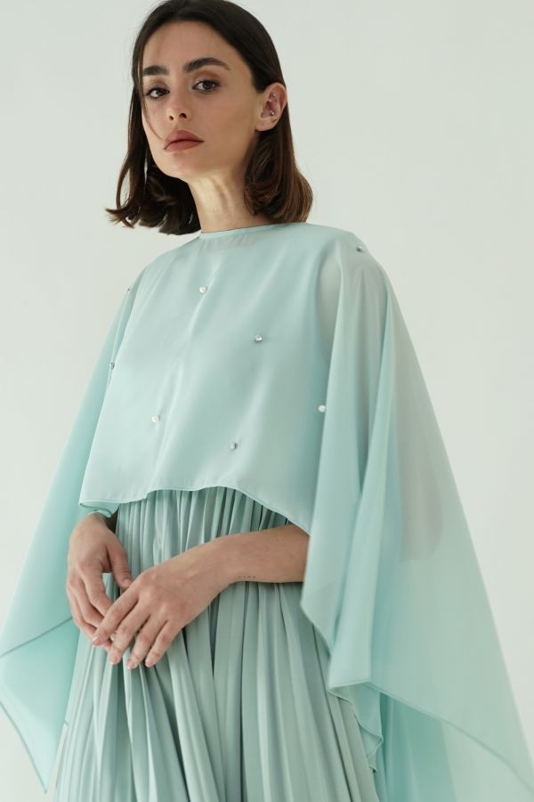Mint pleated dress with cape layer