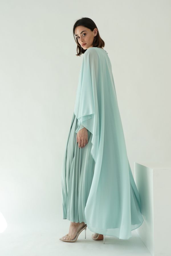 Mint pleated dress with cape layer
