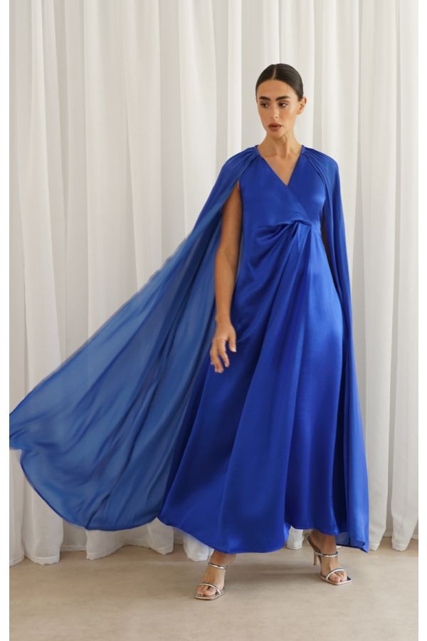 Royal blue knot dress with cape sleeves