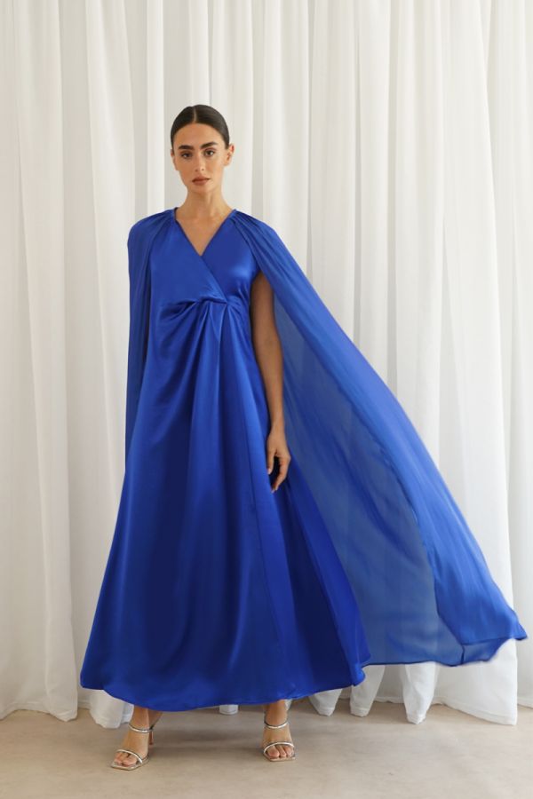 Royal blue knot dress with cape sleeves