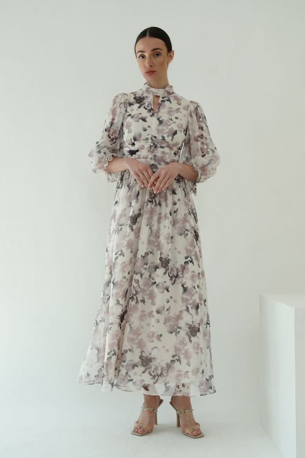 Grey gathered waist floral dress