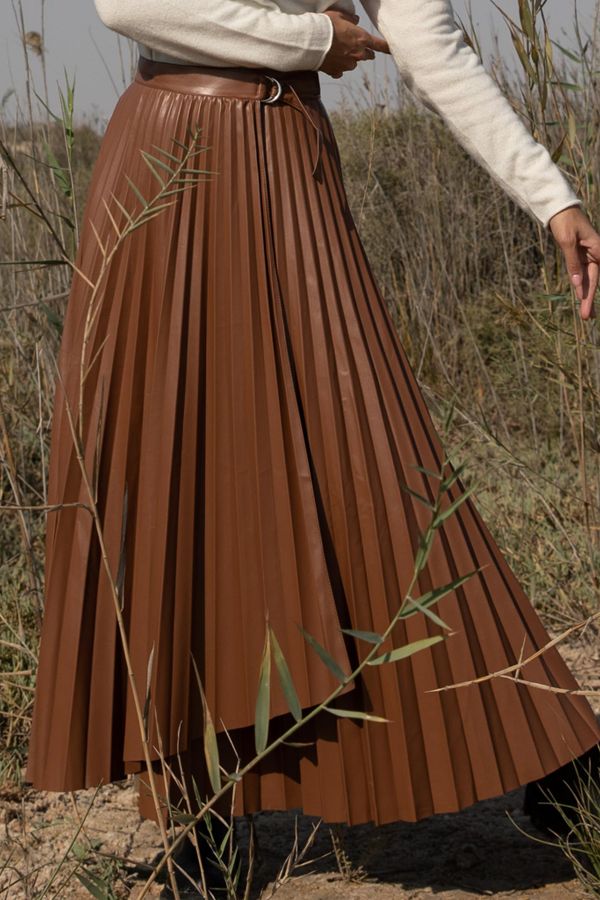 Camel Leather Pleated Skirt