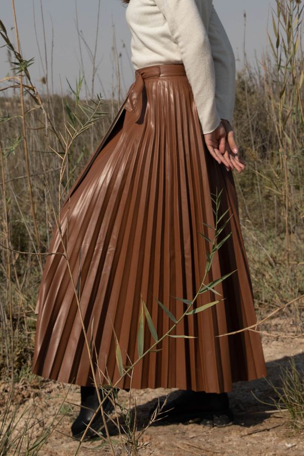Camel Leather Pleated Skirt