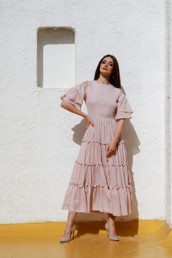 Pink Tiered Dress with Off Shoulder Sleeves