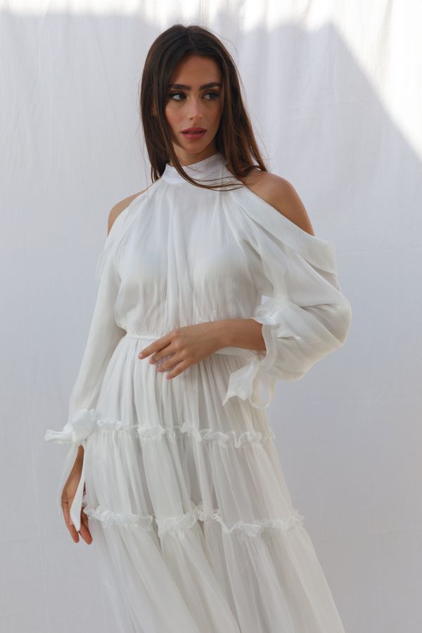 White Cold Shoulder Dress with Tie Sleeves