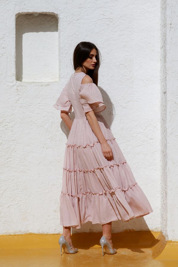 Pink Tiered Dress with Off Shoulder Sleeves