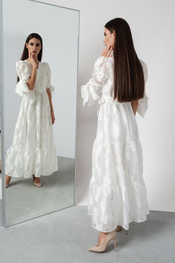 White Floral Tiered Dress With Tie Sleeves