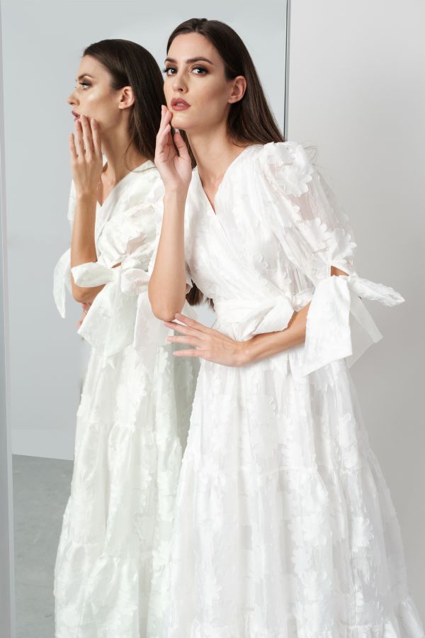 White Floral Tiered Dress With Tie Sleeves