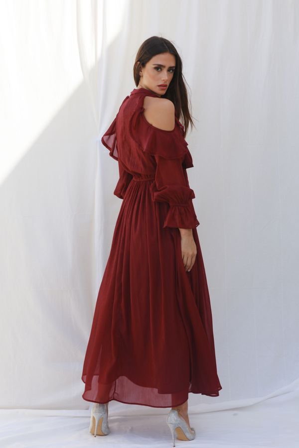 Burgundy Cold Shoulder Dress with Bow