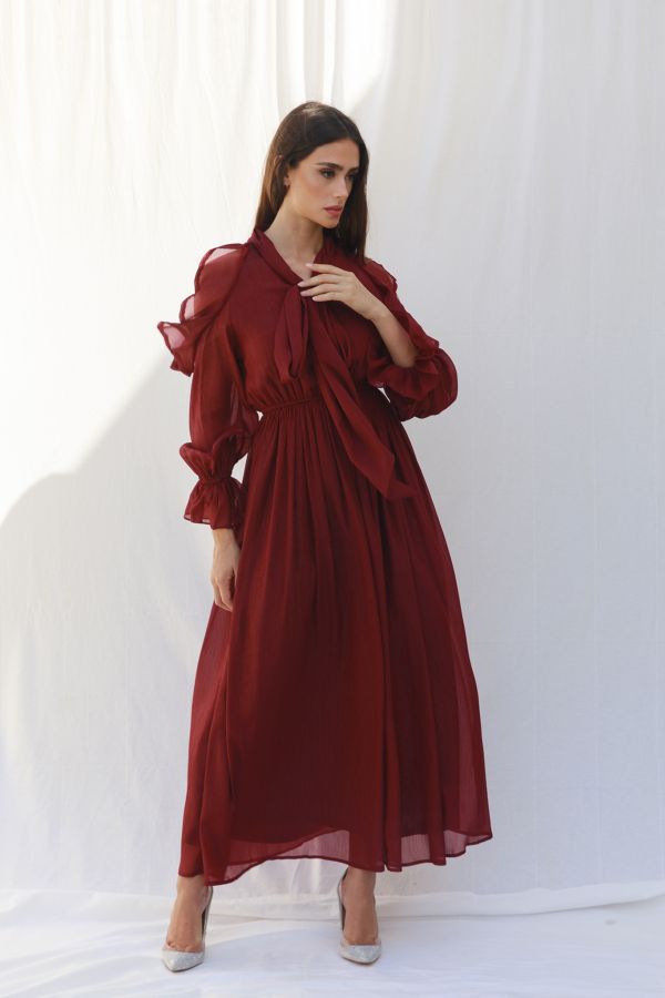 Burgundy Cold Shoulder Dress with Bow