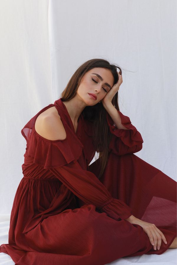 Burgundy Cold Shoulder Dress with Bow