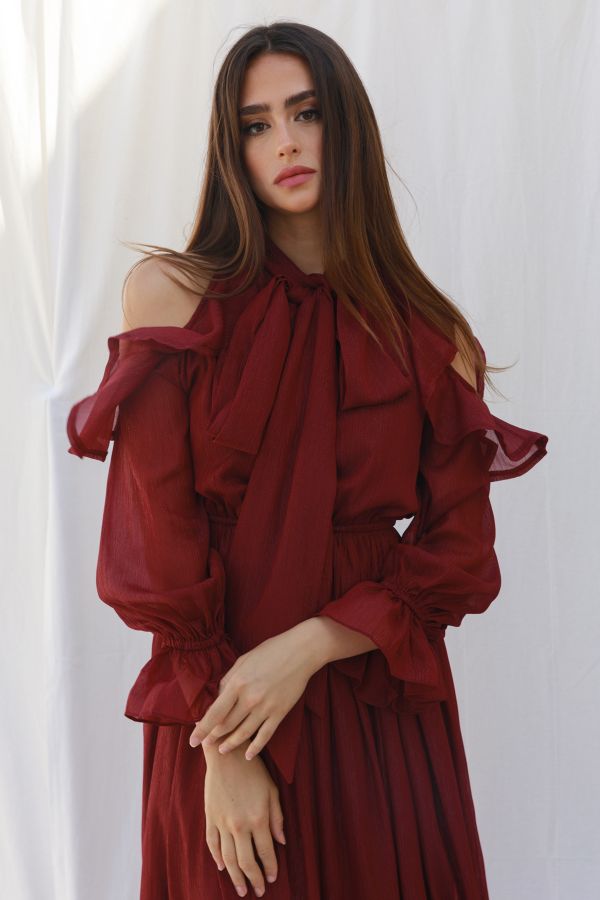 Burgundy Cold Shoulder Dress with Bow