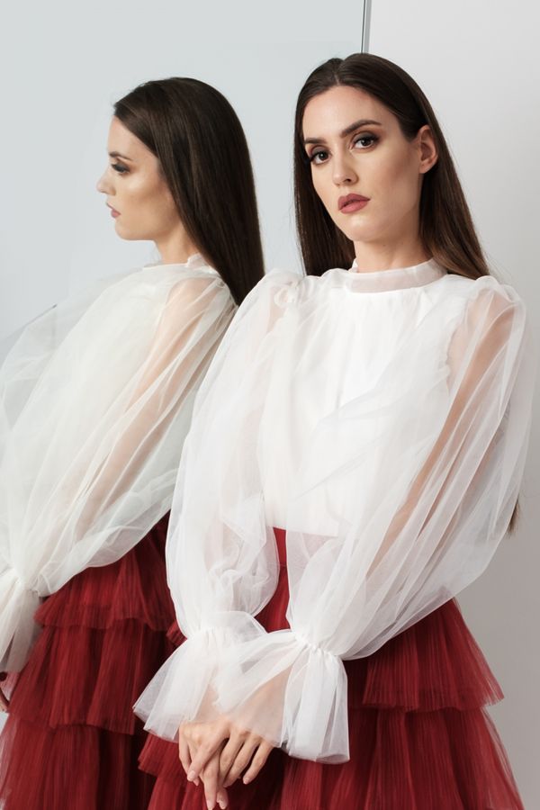 White Tulle Shirt with Puff Sleeves