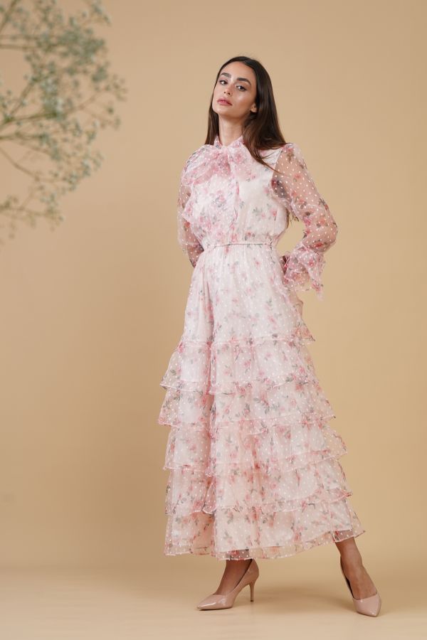 Pink Floral Organza Dress with Ruffles