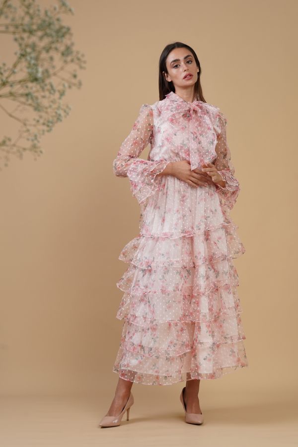 Pink Floral Organza Dress with Ruffles
