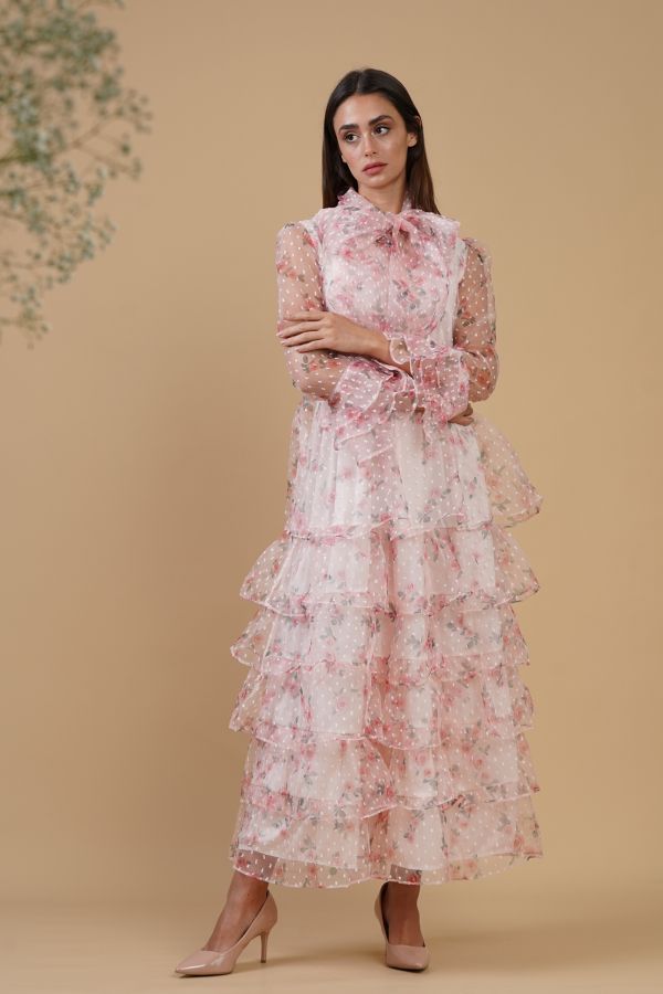 Pink Floral Organza Dress with Ruffles