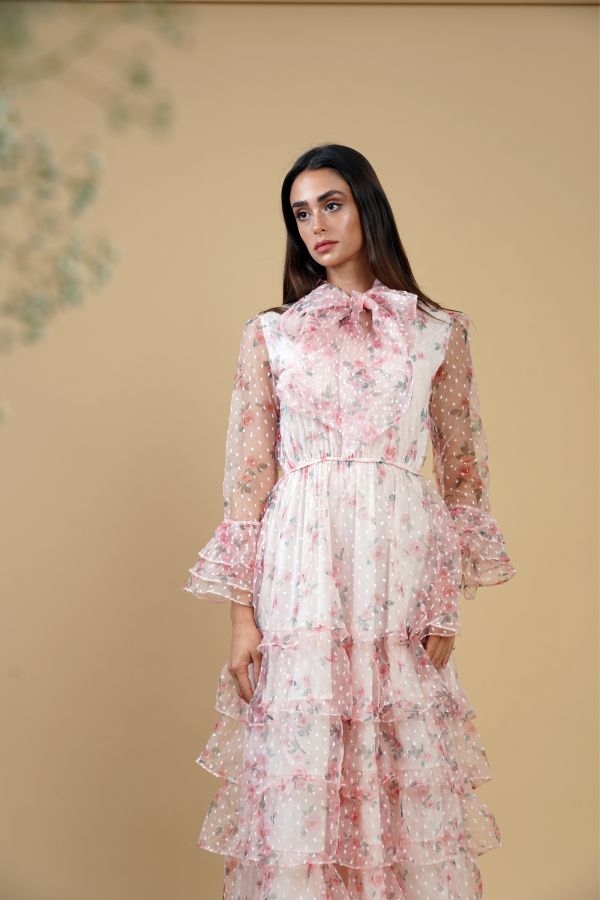 Pink Floral Organza Dress with Ruffles