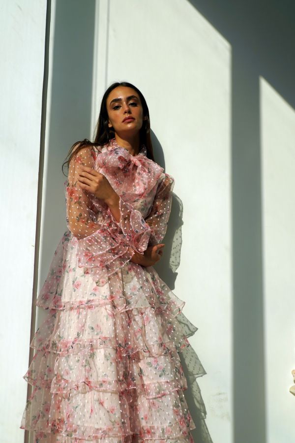 Pink Floral Organza Dress with Ruffles