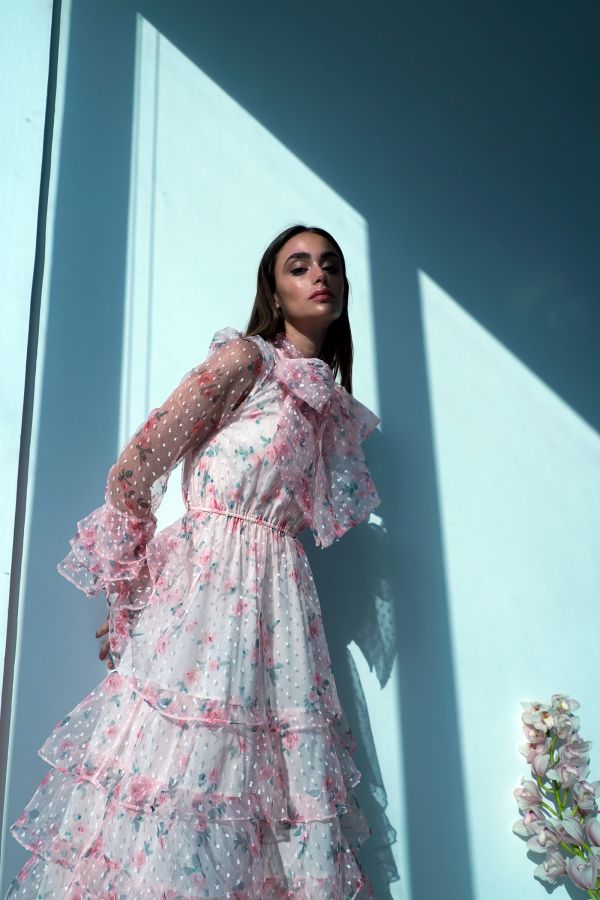 Pink Floral Organza Dress with Ruffles