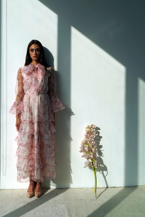 Pink Floral Organza Dress with Ruffles