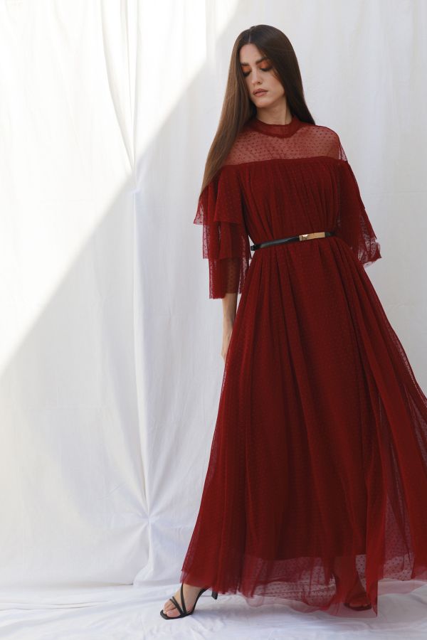 Burgundy Layered Sleeves Tulle Dress