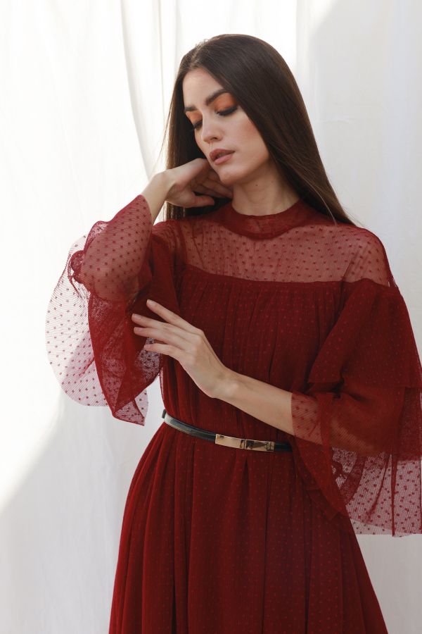 Burgundy Layered Sleeves Tulle Dress