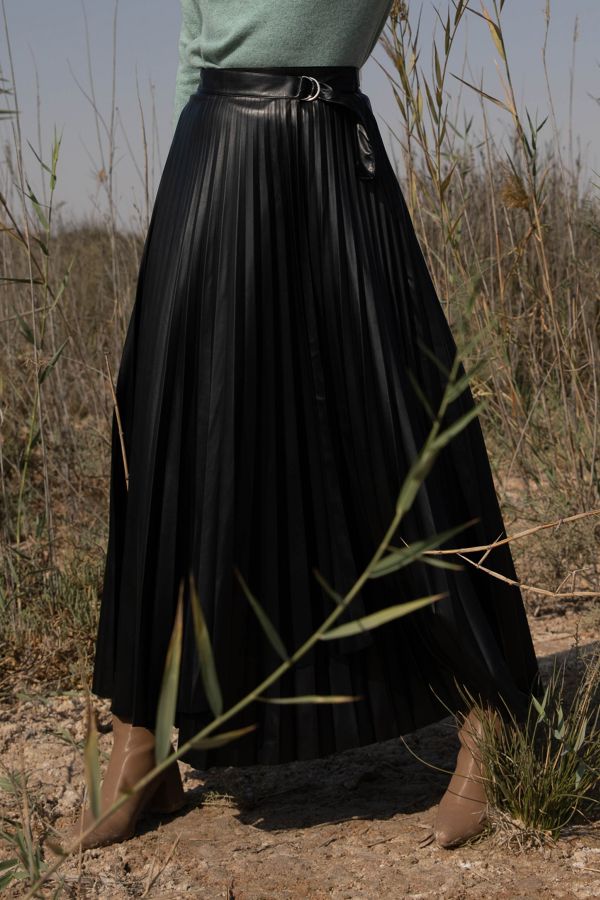 Black Leather Pleated Skirt