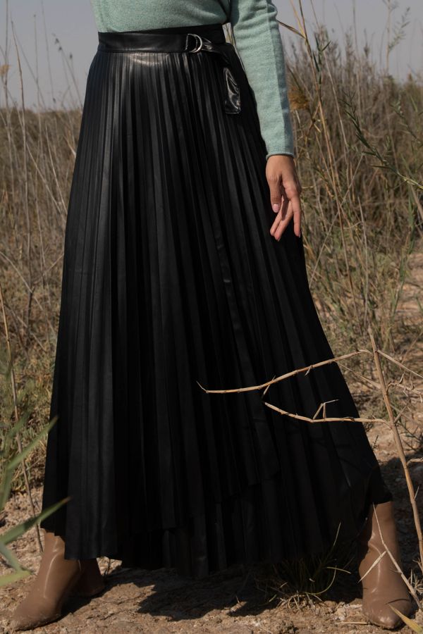 Black Leather Pleated Skirt