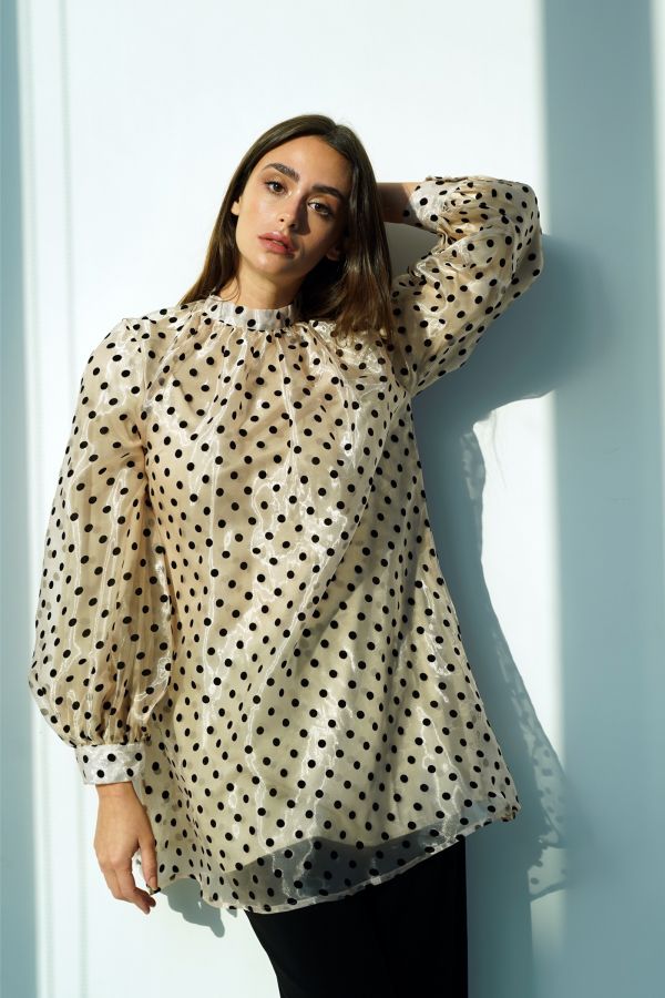 Beige Polka Dots Gathered Shirt