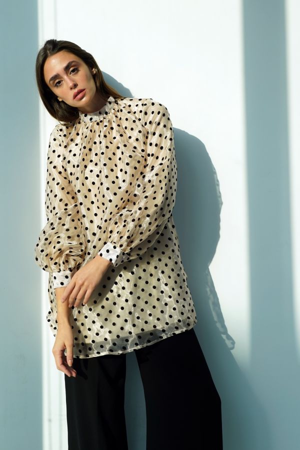 Beige Polka Dots Gathered Shirt