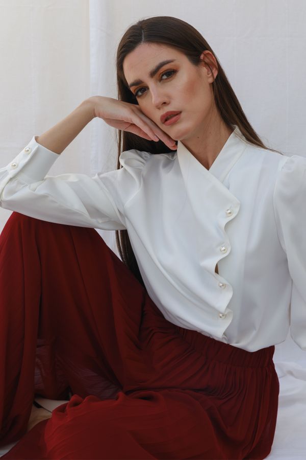 White Gathered Shirt with Pearl Buttons