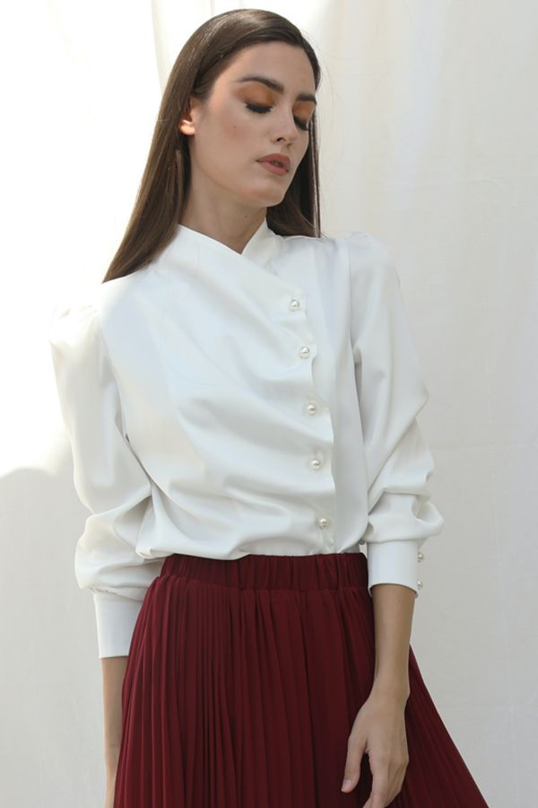 White Gathered Shirt with Pearl Buttons