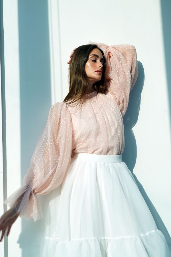 Pink Polka Dots Tulle Shirt with Puff Sleeves