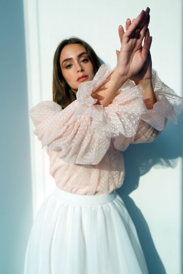Pink Polka Dots Tulle Shirt with Puff Sleeves