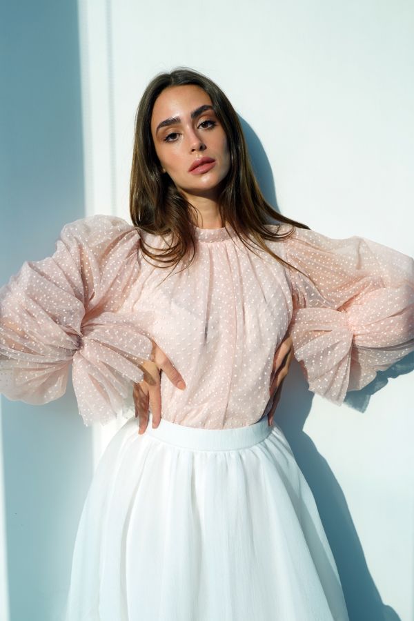Pink Polka Dots Tulle Shirt with Puff Sleeves