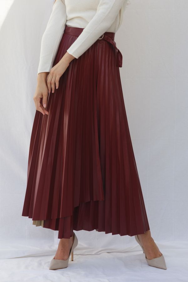 Burgundy Leather Pleated Skirt