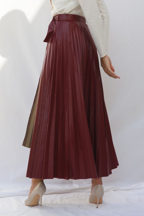 Burgundy Leather Pleated Skirt