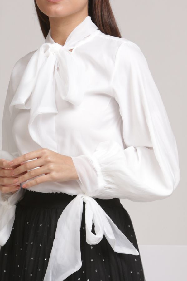 White Bow Organza Blouse with Tie Sleeves
