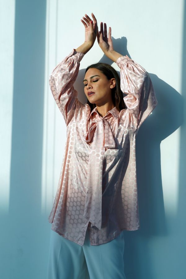 Light Pink Dotted Shirt with Bow