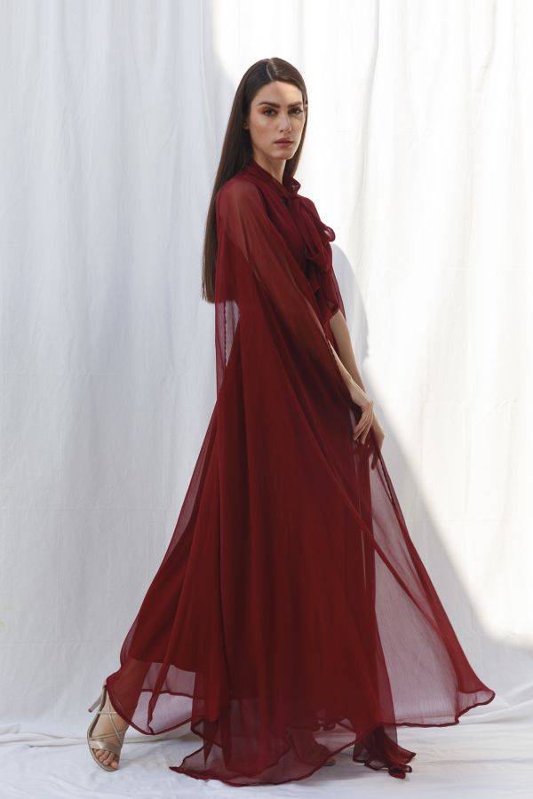 Burgundy Cape Sleeves Dress with Bow