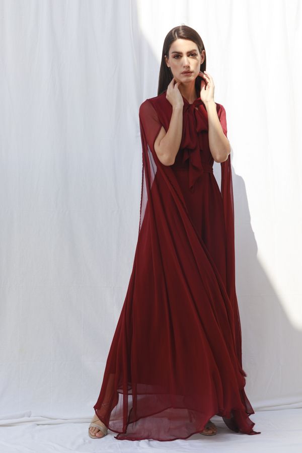 Burgundy Cape Sleeves Dress with Bow