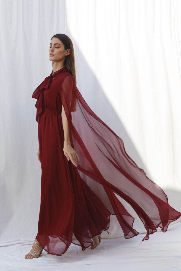 Burgundy Cape Sleeves Dress with Bow