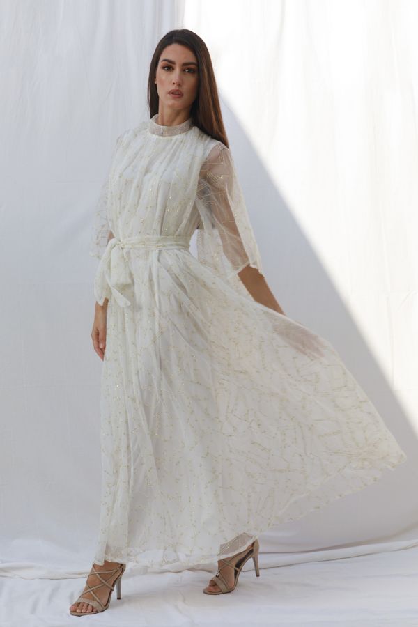 Cream Embroidered Dress with Asymmetric Cape 