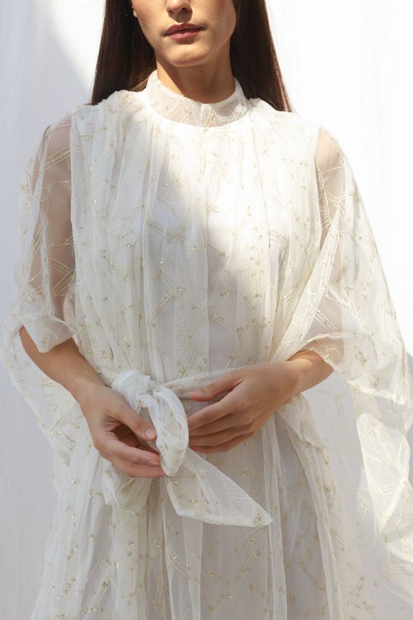 Cream Embroidered Dress with Asymmetric Cape 