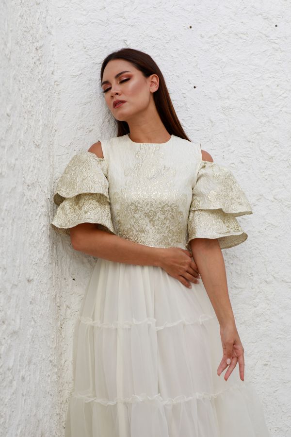 Cream Tiered Dress with Off Shoulder Sleeves