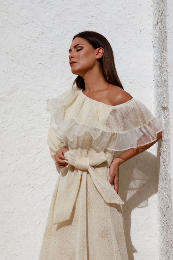  Asymmetric Sleeves Cream Dress